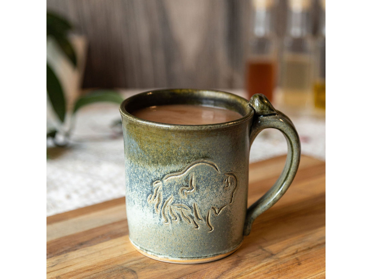 Handmade Grey/Teal Bison Etched Mug